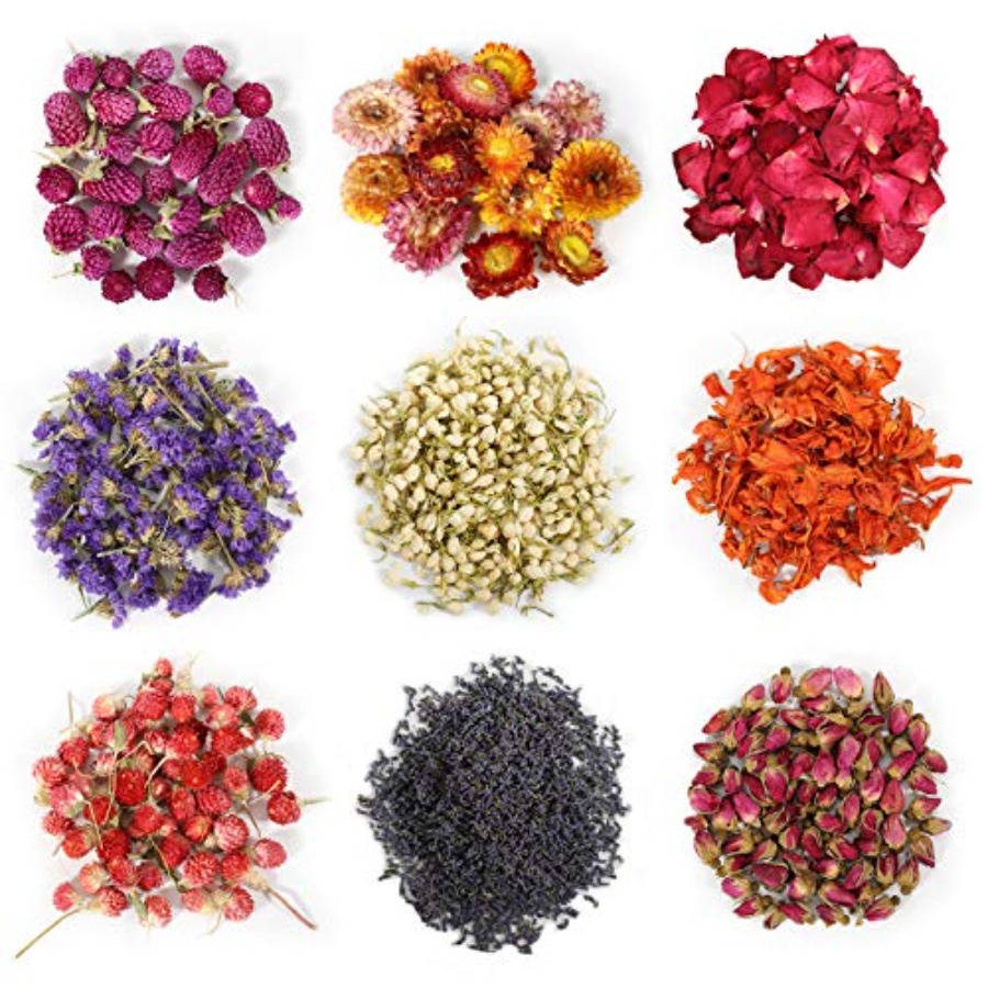 Dried Herbs - 9袋入りドライフラワー、100%天然ドライフラワーハーブキット（石鹸作り、DIYキャンドル作り、バス用品用）- バラの花びら、ラベンダー入り